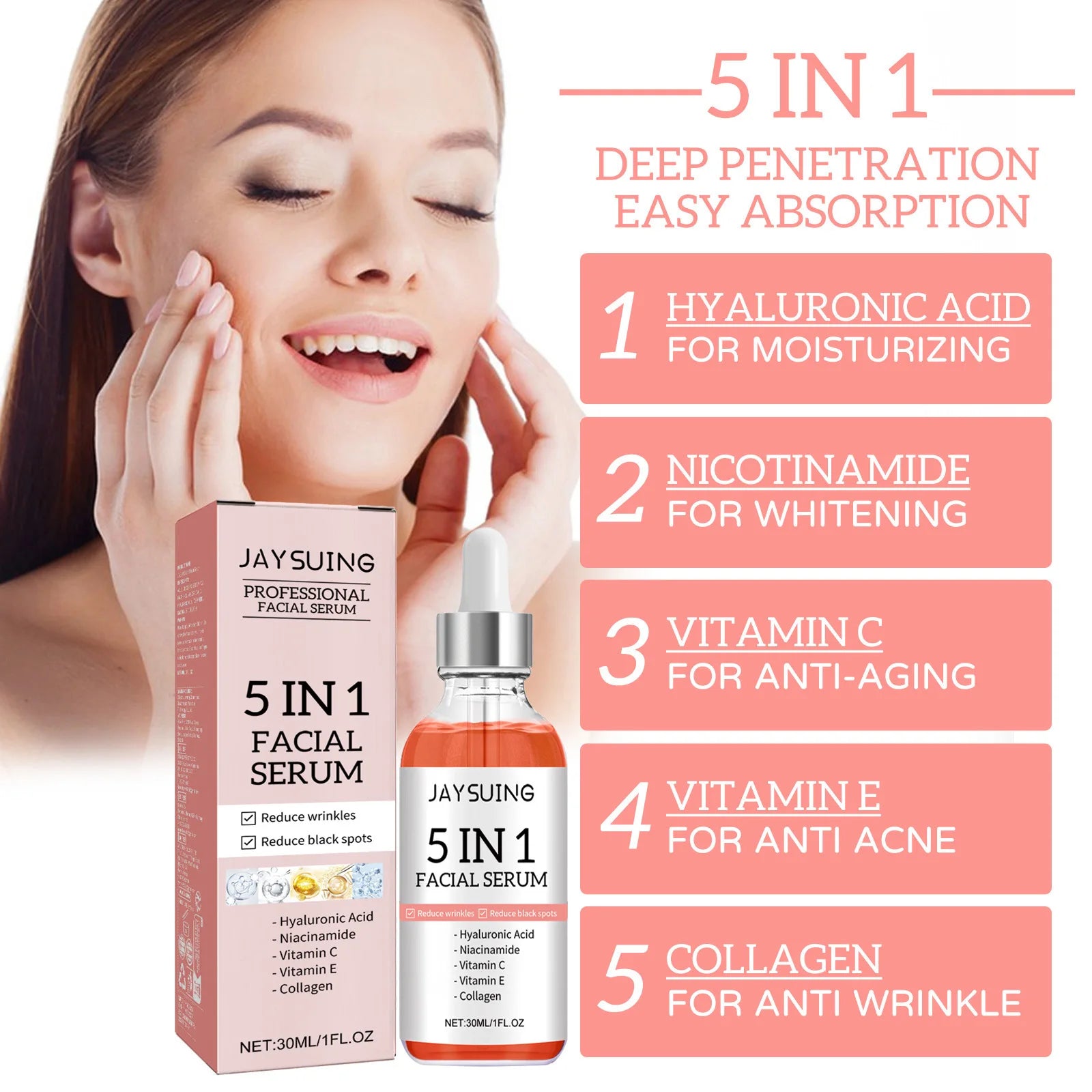 5 In 1 Fade fine lines Firming Face Serum Moisturizing brightning Vitamin C Hyaluronic Acid Facial Serum Shrink Pores Skin Care