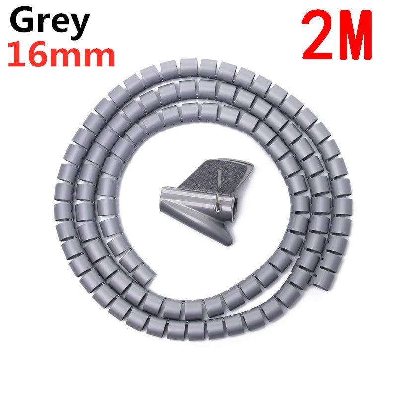 2M 16/10mm Flexible Spiral Cable Wire Protector Cable Organizer Computer Cord Protective Tube Clip Organizer Management Tools