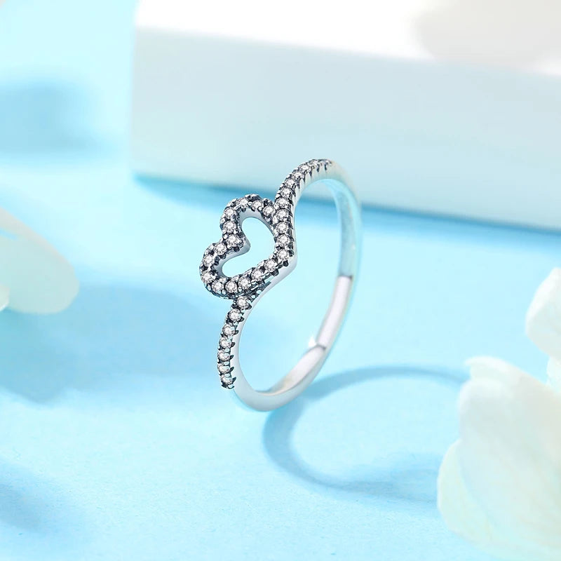 Original 925 Sterling Silver Rings For Women Love Heart Crown Wishbone Engagement Wedding Ring Rose Gold Luxury Jewelry Gift
