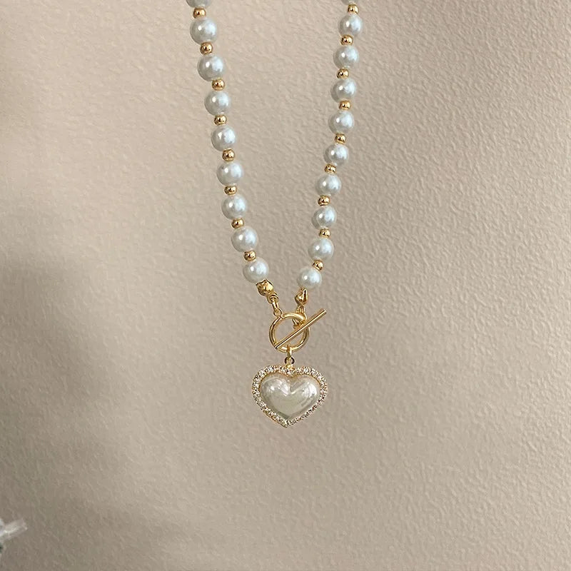 Elegant Pearl Necklace For Women Heart Pendant Necklaces Luxury Imitation Pearls Chain Necklaces Korean Jewelry Girls Gifts-7226