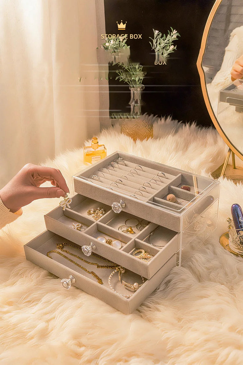 Velvet Stud Earrings Storage Box Three Layer Jewelry Organizer Dust Proof Drawer Design for Accessories Dressing Jewelry Box
