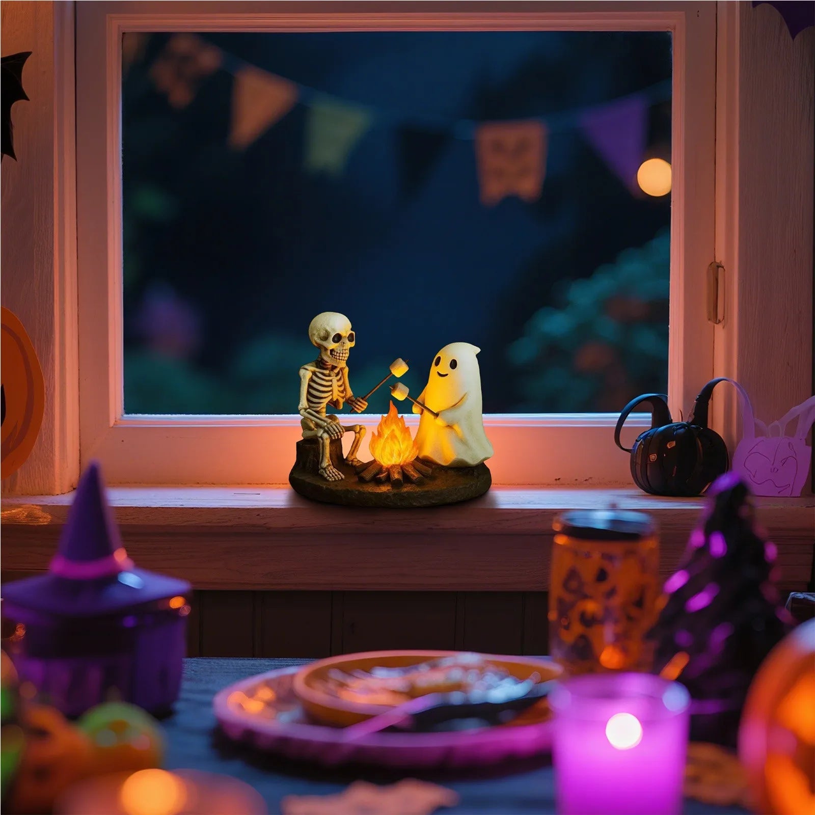 Halloween Skeleton Ghost Bonfire Night Lamp , Flickering Ghost Skeleton Decoration | Indoor Lighting for Mantel Bedside Living R