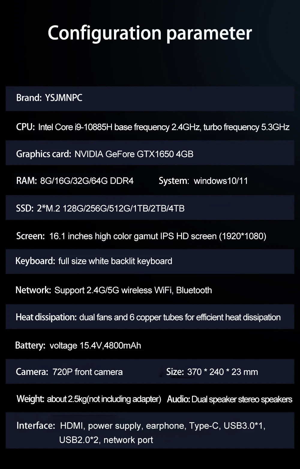 YSJMNPC Gaming Laptop Computer Intel Core i7-8750H GTX1650 4G 16.1 Inch IPS Screen RAM Max 64GB 2*DDR4 2*M.2 NVMe Windows11