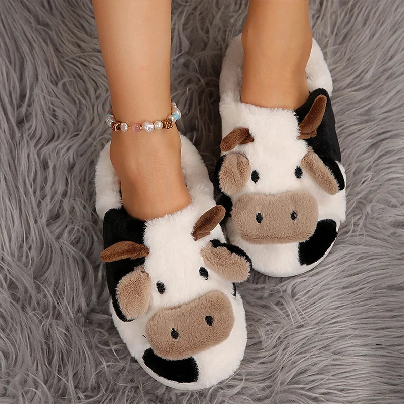Ladies' Winter Slippers Cute Cartoon Heart Animal Cow Fur Warm Cotton Anti-Slip Home Comfortable Girls' Footwear