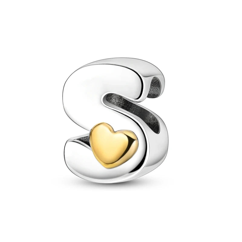 Fit Original 925 Sterling Silver Letter Charms Beads A-Z Golden Love Alphabet Charms For Women Fine DIY Birthday Jewelry Gifts