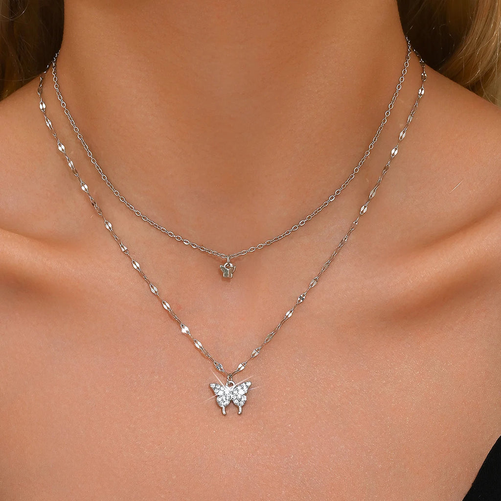 1 Women's Lats Sparkling Double Layer Butterfly Necklace Exquisite Double Layer Collar Chain Jewelry Banquet Party Holiday Gift