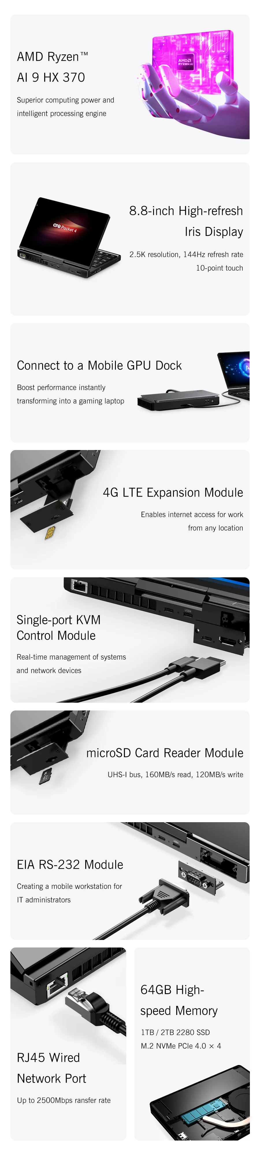 New 2025 version! GPD Pocket 4 8.8-inch AMD Ryzen AI 9 HX 370/8840U 64GB RAM 2TB NVMe Mini Laptop Computer for business