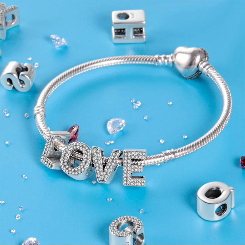 Fit Original 925 Sterling Silver Letter Charms Beads A-Z Golden Love Alphabet Charms For Women Fine DIY Birthday Jewelry Gifts