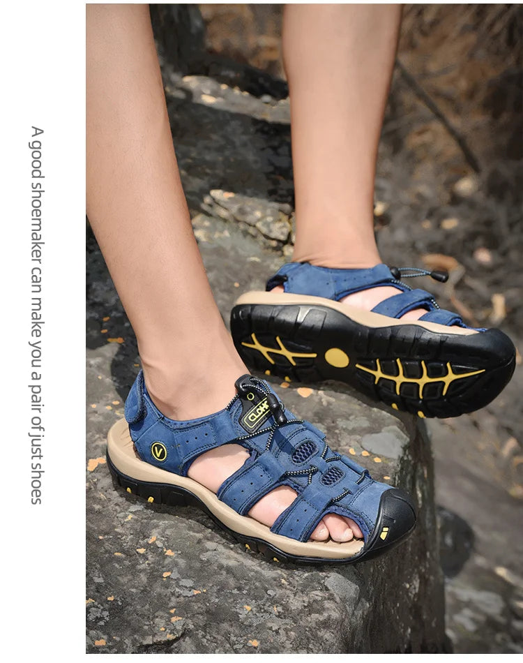 CLOHOO Men's Sandals Handmade Thick Bottom Rubber Breathable Casual Slip-On Beach Shoes Leather Upgraded Version