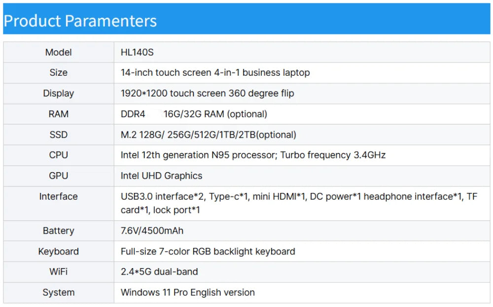 14-inch IPS touch screen computer tablet laptop N95 office business notebook 16G RAM 128G - 1TB SSD RGB WINDOWS 11 Touch ID