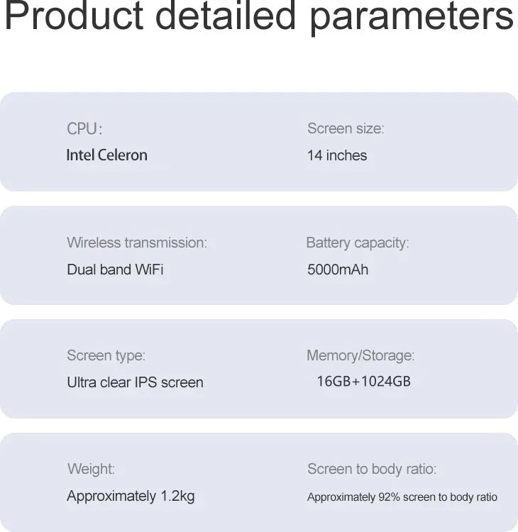 14.1" Ultra Slim Laptop 16GB 1024GB Intel N3700 Notebook Gamer Windows 11 Pro 1920*1080 Display Office Study Computer PC