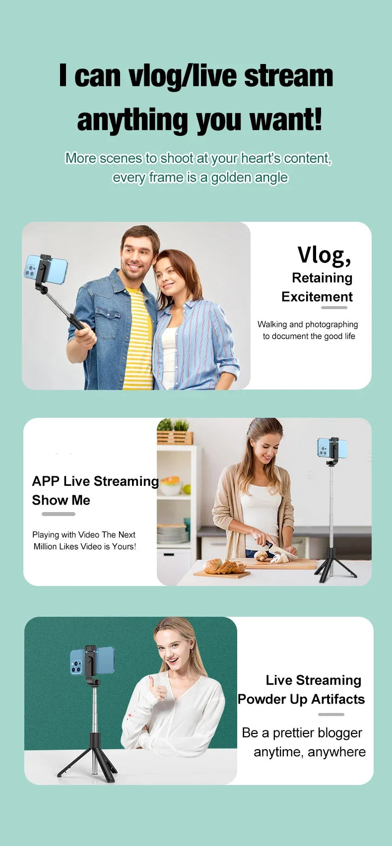 Bluetooth Cell Phone Selfie Stick Tripod Wireless Remote multifunctional Extendable Portable Phone Stand Live Streaming Video
