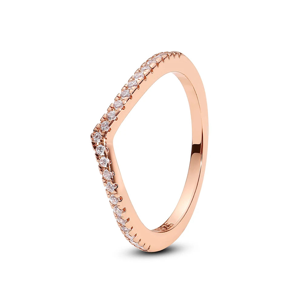 Original 925 Sterling Silver Rings For Women Love Heart Crown Wishbone Engagement Wedding Ring Rose Gold Luxury Jewelry Gift
