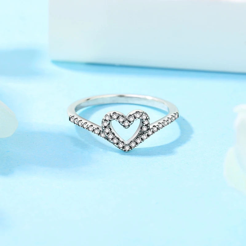 Original 925 Sterling Silver Rings For Women Love Heart Crown Wishbone Engagement Wedding Ring Rose Gold Luxury Jewelry Gift