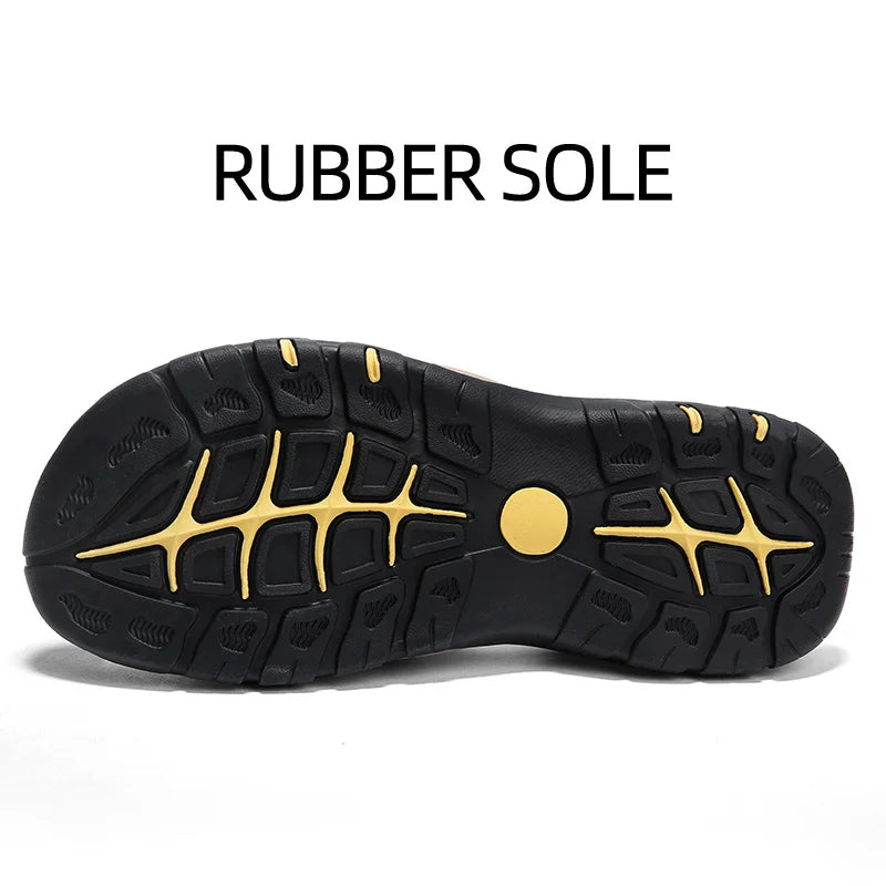 CLOHOO Men's Sandals Handmade Thick Bottom Rubber Breathable Casual Slip-On Beach Shoes Leather Upgraded Version