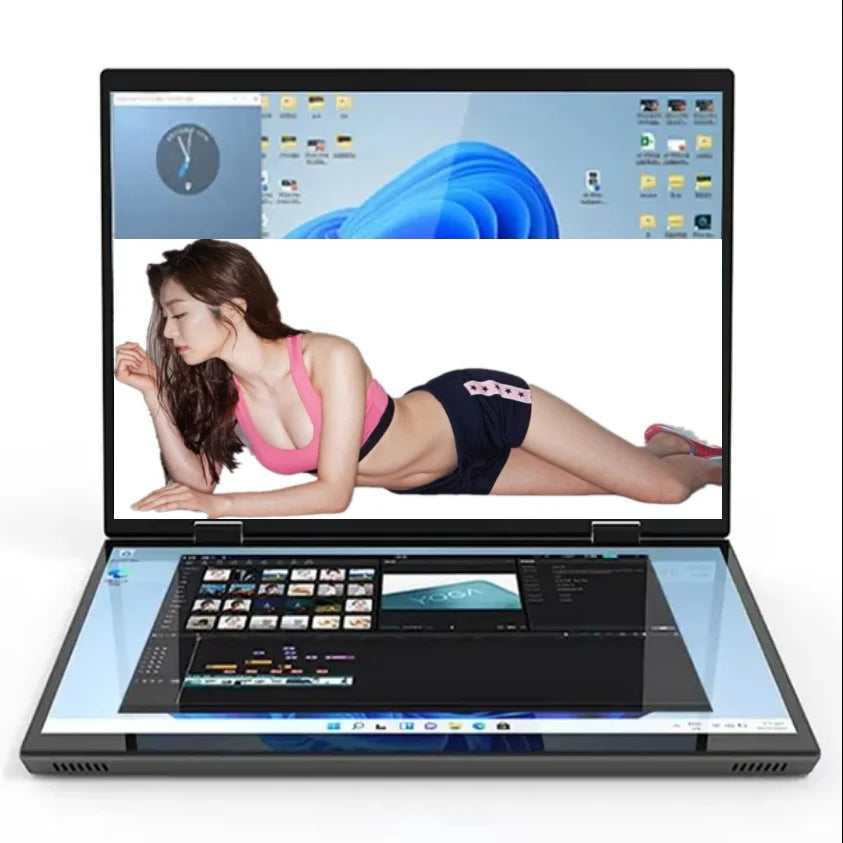 Intel N100 CPU Dual Screen Laptop 14"+14 " 2K Touch Screen Notebook 32GB 360 Degree Flip Metal Case 2 in 1 Laptop Computer