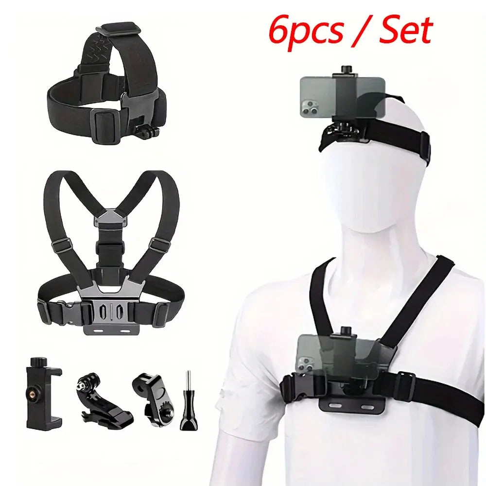 All-in-One Action Camera Accessories Kit Head Strap Chest Strap Mount Adjustable for GoPro Hero Phone Osmo SJCAM AKASO insta360