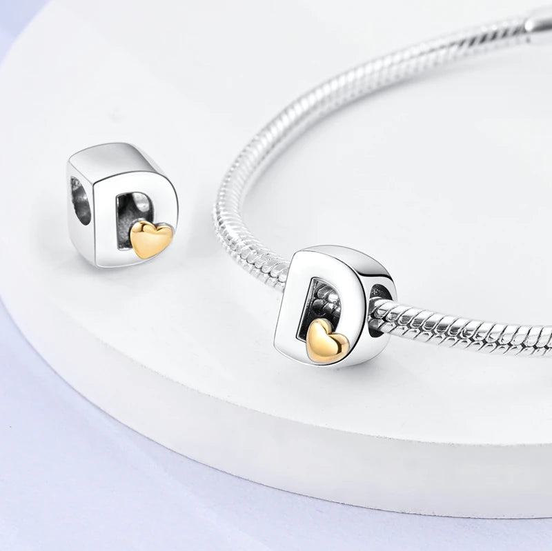Fit Original 925 Sterling Silver Letter Charms Beads A-Z Golden Love Alphabet Charms For Women Fine DIY Birthday Jewelry Gifts