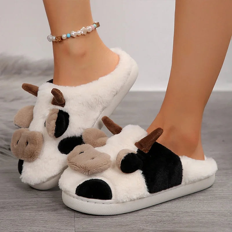 Ladies' Winter Slippers Cute Cartoon Heart Animal Cow Fur Warm Cotton Anti-Slip Home Comfortable Girls' Footwear