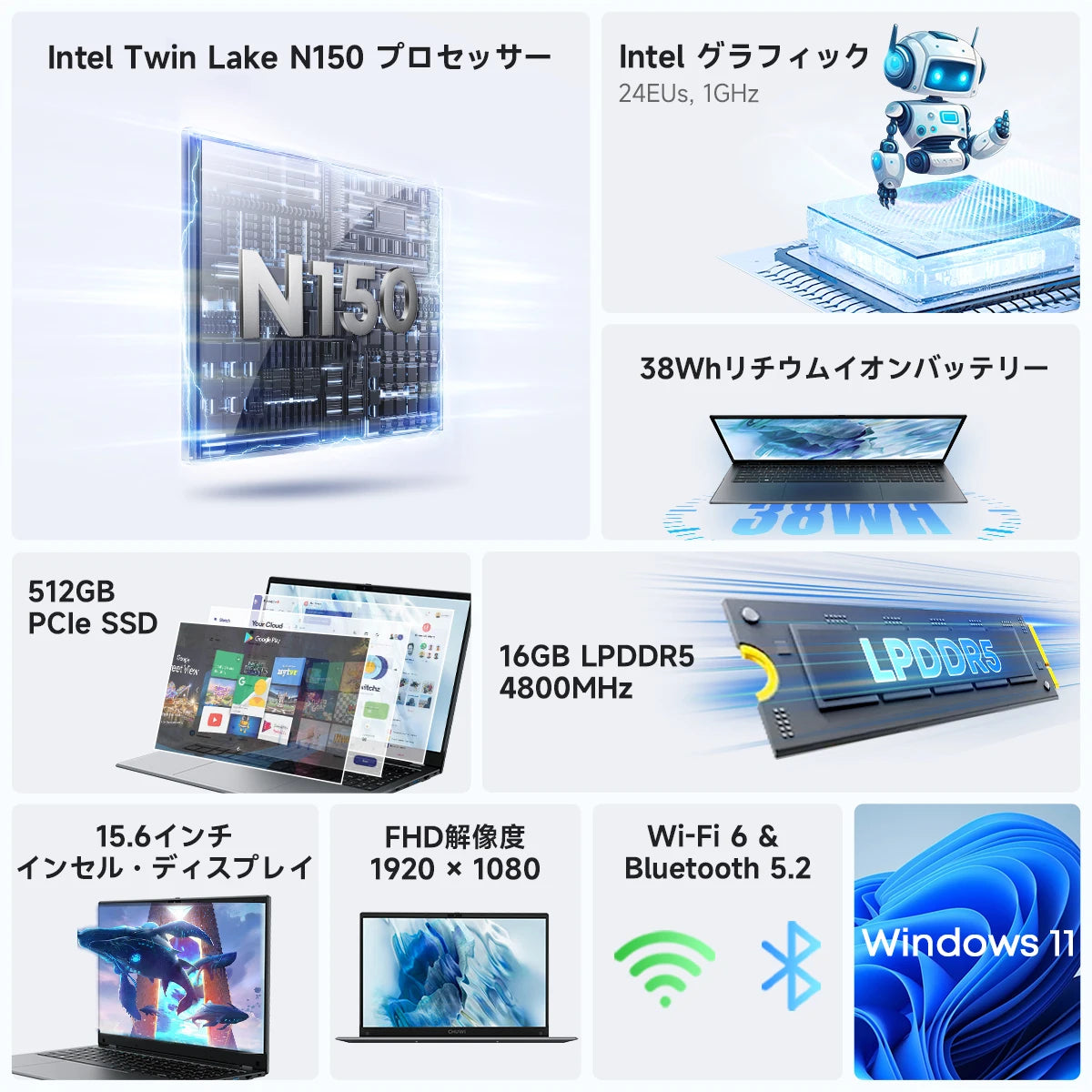 CHUWI GemiBook Plus Laptop 15.6'' 512GB SSD 16GB LPDDR5 Intel N150(Up to 3.6GHz) Windows 11 Laptops Computer IPS FHD 1920x1080
