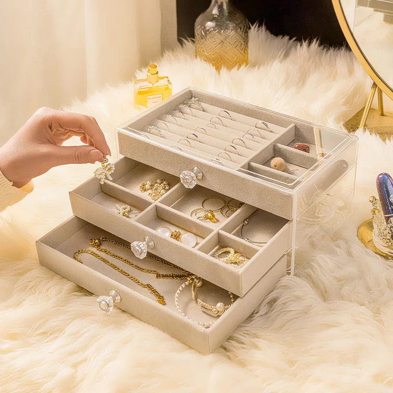 Velvet Stud Earrings Storage Box Three Layer Jewelry Organizer Dust Proof Drawer Design for Accessories Dressing Jewelry Box
