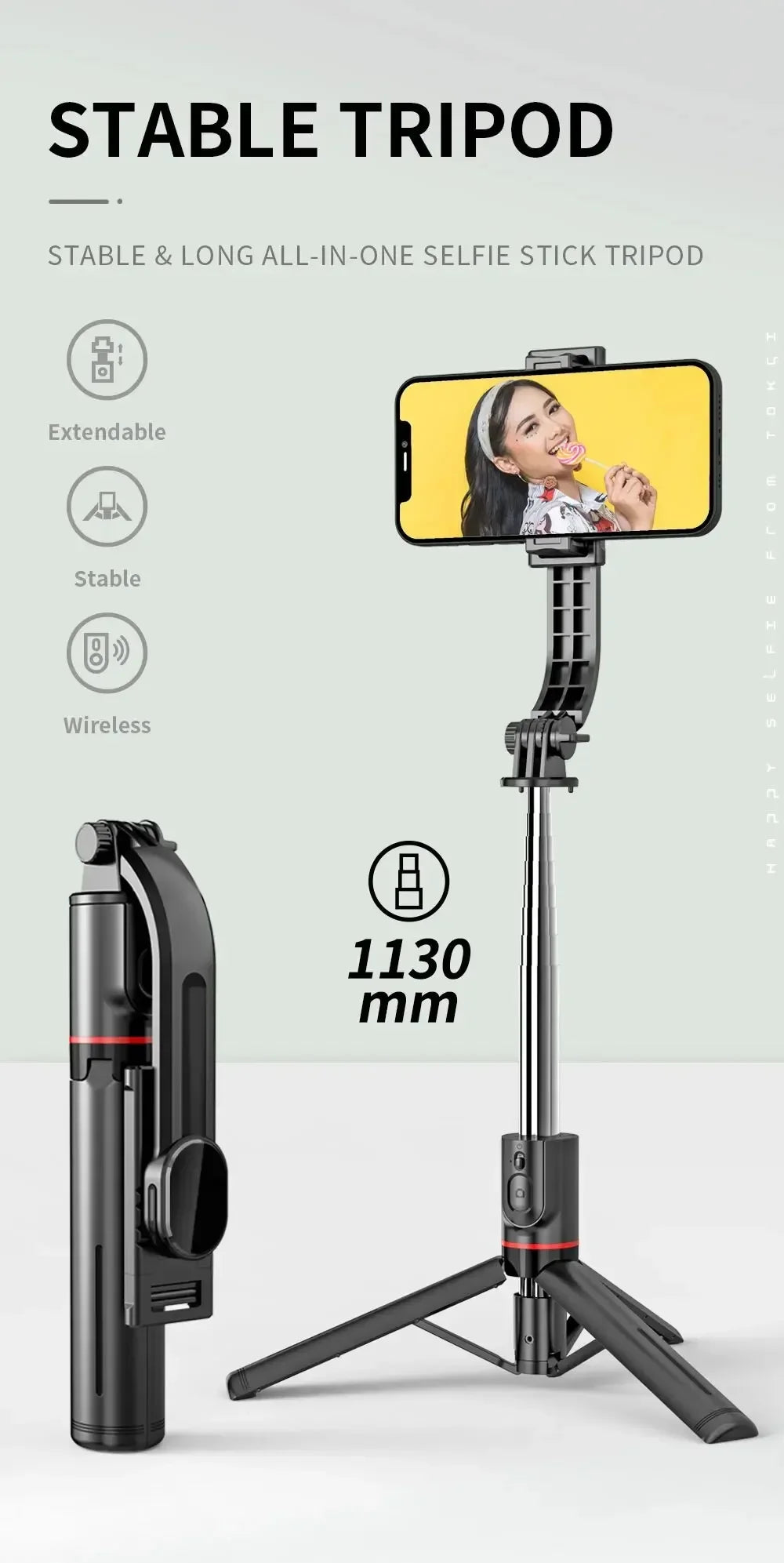 Wireless Selfie Stick for Smartphone, Foldable Tripod with Bluetooth Remote, Portable Stand, Vlog Shooting Record, 44"