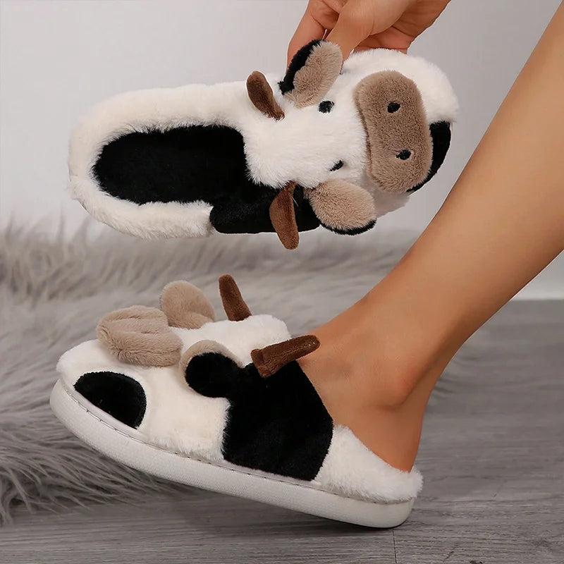 Ladies' Winter Slippers Cute Cartoon Heart Animal Cow Fur Warm Cotton Anti-Slip Home Comfortable Girls' Footwear