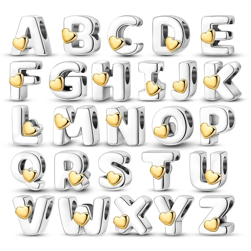 Fit Original 925 Sterling Silver Letter Charms Beads A-Z Golden Love Alphabet Charms For Women Fine DIY Birthday Jewelry Gifts