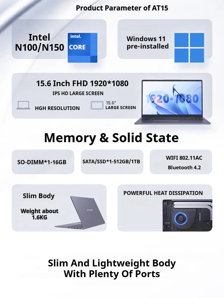 FIREBAT AT15 Laptop 15.6 Inch Intel N100/N150 16GB RAM 512GB SSD Office Business Laptops