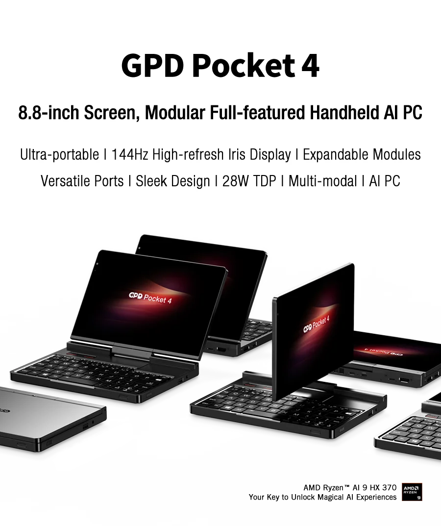New 2025 version! GPD Pocket 4 8.8-inch AMD Ryzen AI 9 HX 370/8840U 64GB RAM 2TB NVMe Mini Laptop Computer for business
