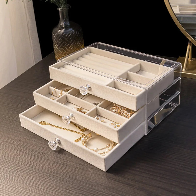 Velvet Stud Earrings Storage Box Three Layer Jewelry Organizer Dust Proof Drawer Design for Accessories Dressing Jewelry Box