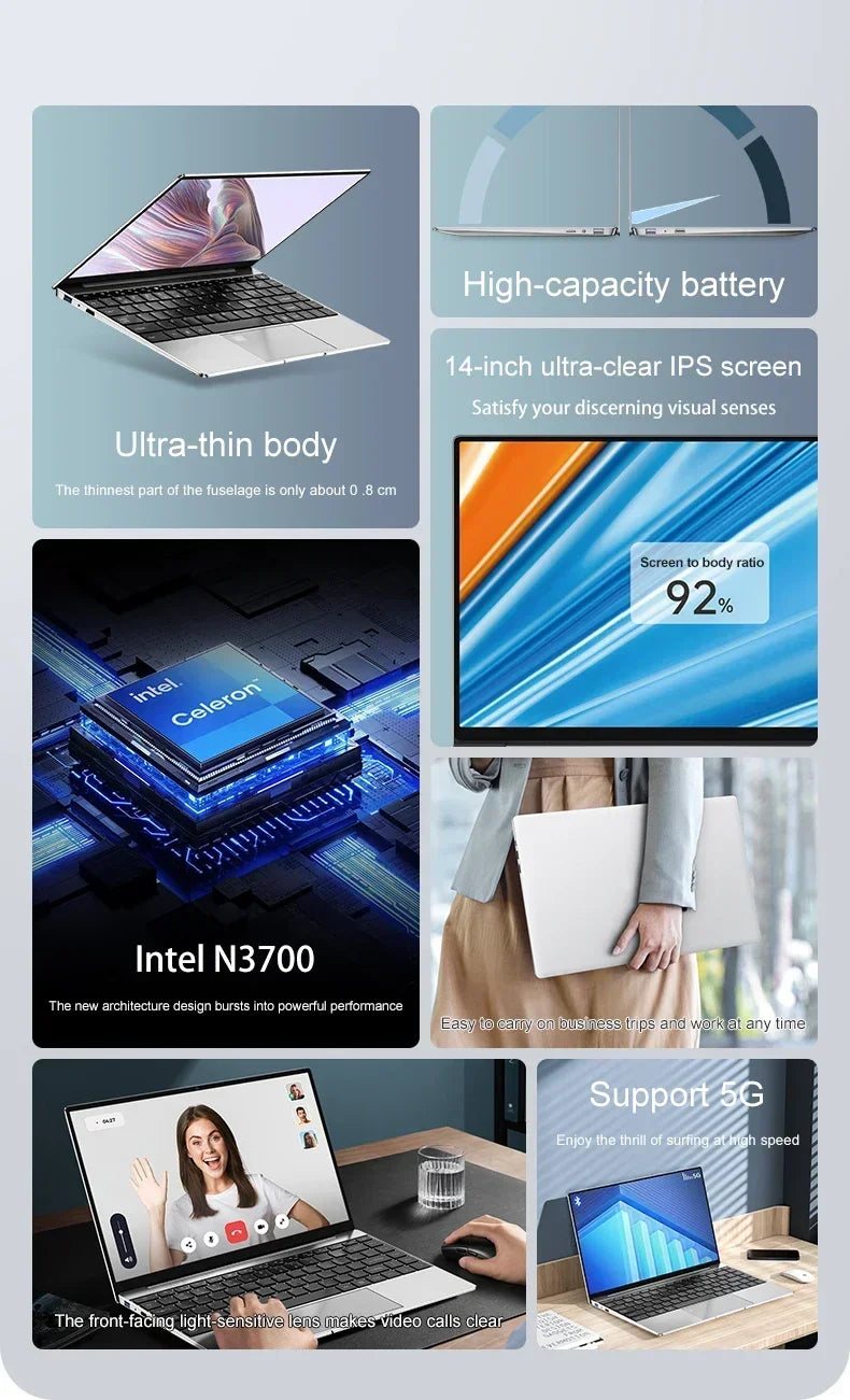 14.1" Ultra Slim Laptop 16GB 1024GB Intel N3700 Notebook Gamer Windows 11 Pro 1920*1080 Display Office Study Computer PC