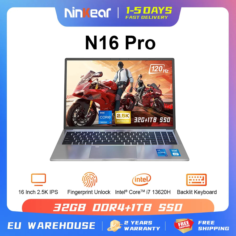 Ninkear Gaming Laptop N16 Pro 16-Inch 13th Gen Intel i7-13620H 32GB DDR4+1TB SSD 2.5K IPS 120Hz Fingerprint Unlock WiFi 6