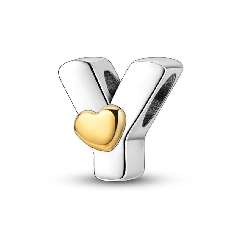 Fit Original 925 Sterling Silver Letter Charms Beads A-Z Golden Love Alphabet Charms For Women Fine DIY Birthday Jewelry Gifts
