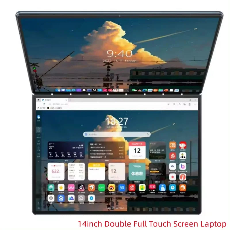 Intel N100 CPU Dual Screen Laptop 14"+14 " 2K Touch Screen Notebook 32GB 360 Degree Flip Metal Case 2 in 1 Laptop Computer