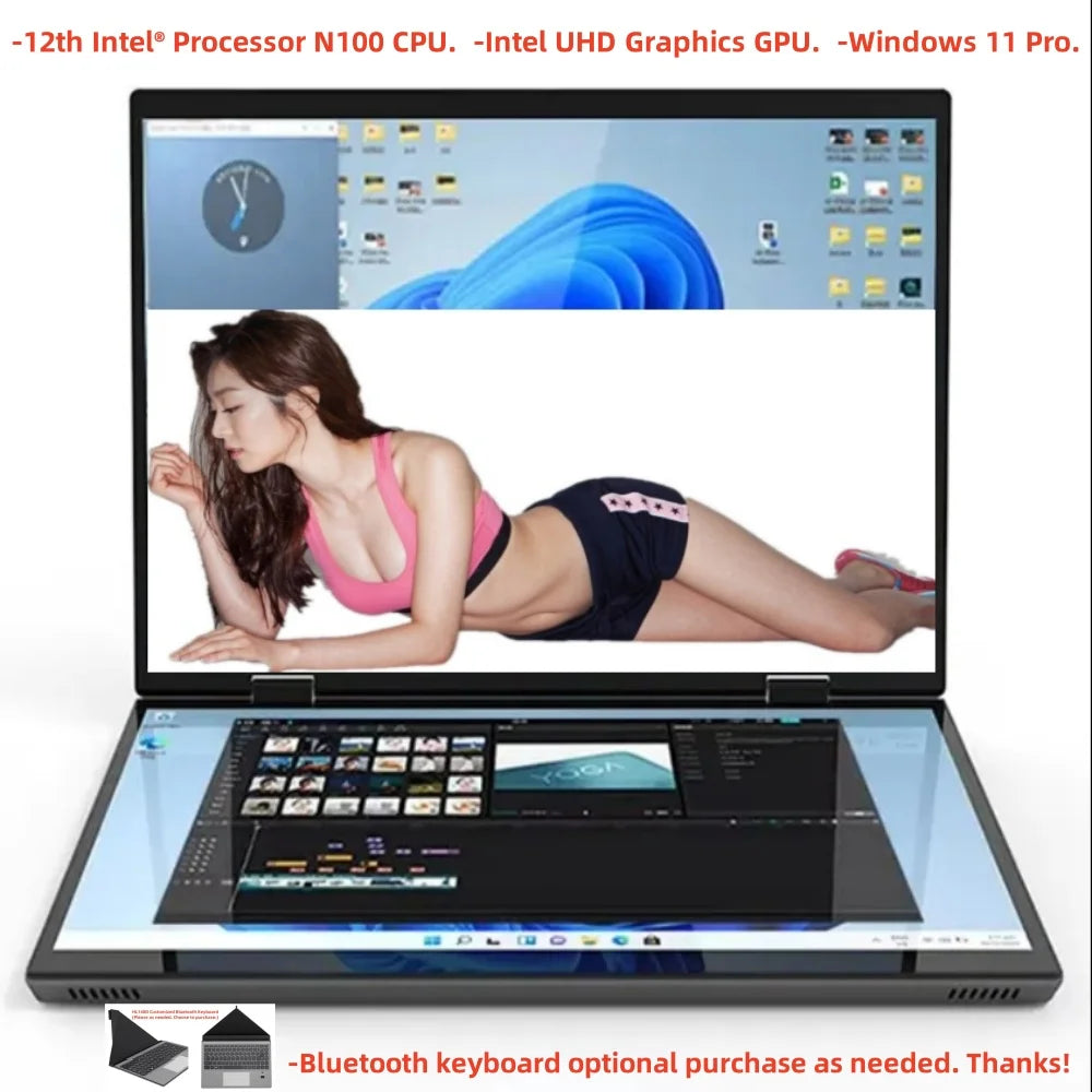 Intel N100 CPU Dual Screen Laptop 14"+14 " 2K Touch Screen Notebook 32GB 360 Degree Flip Metal Case 2 in 1 Laptop Computer
