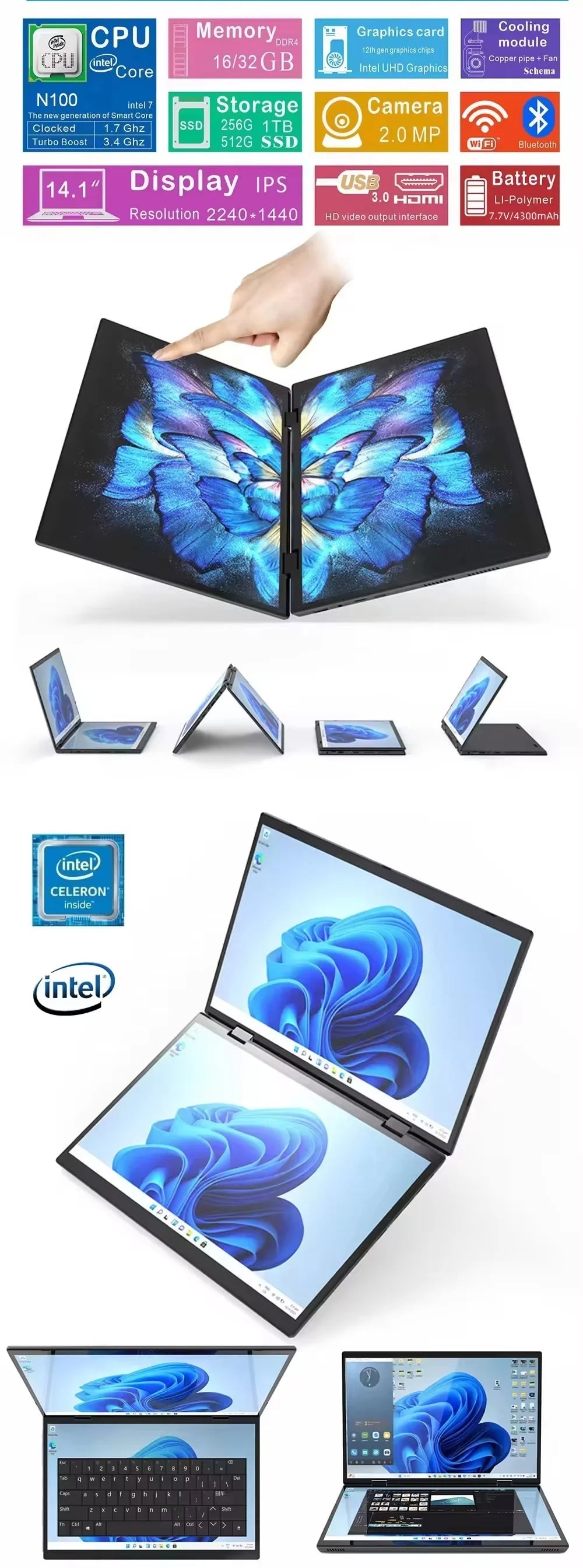 Intel N100 CPU Dual Screen Laptop 14"+14 " 2K Touch Screen Notebook 32GB 360 Degree Flip Metal Case 2 in 1 Laptop Computer