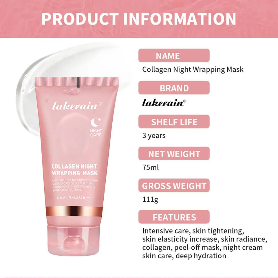 Collagen Peel Off Facial Mask Overnight Wrapping Pack Elasticity Hydration Care Reduces Sagging Dullness Hydrolyzed Collagen For