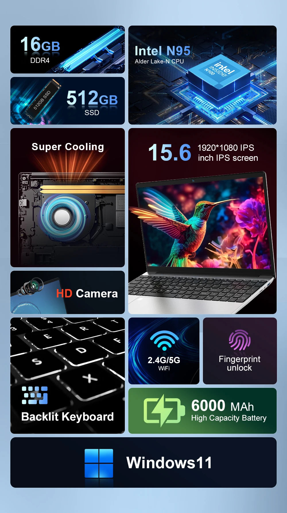Ninkear N15 Air laptop Intel N95 15.6 Inch FHD IPS 16GB DDR4 512GB SSD Backlit Keyboard Fingerprint unlock Windows 11 Notebook