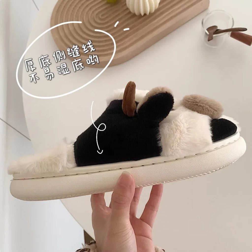 Ladies' Winter Slippers Cute Cartoon Heart Animal Cow Fur Warm Cotton Anti-Slip Home Comfortable Girls' Footwear