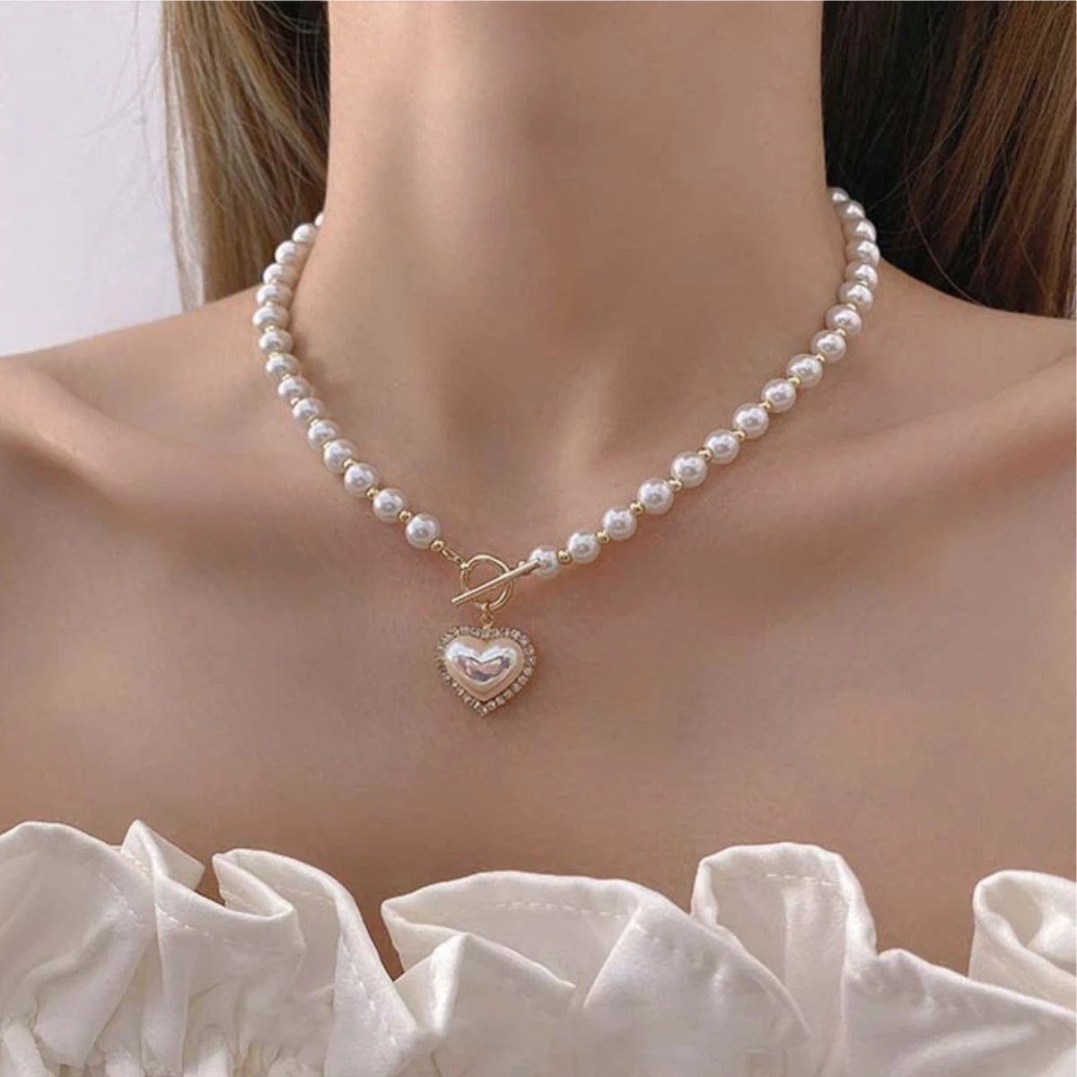 Elegant Pearl Necklace For Women Heart Pendant Necklaces Luxury Imitation Pearls Chain Necklaces Korean Jewelry Girls Gifts-7226