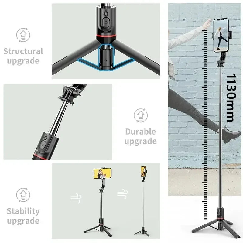 Wireless Selfie Stick for Smartphone, Foldable Tripod with Bluetooth Remote, Portable Stand, Vlog Shooting Record, 44"