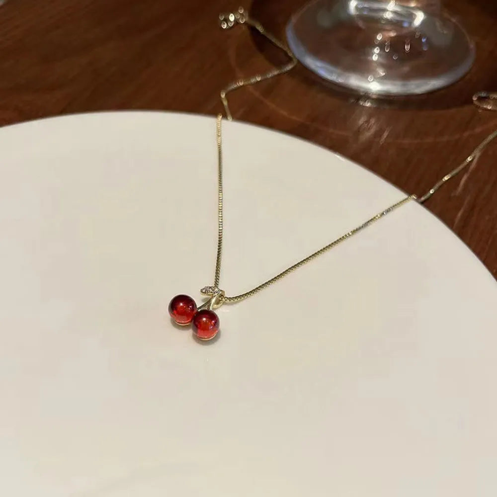 Fashionable Red Cherry Pendant Necklace for Women Golden Chain Fruit Jewelry Party Accessory Birthday Gift