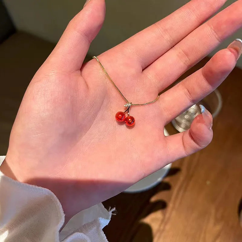 Fashionable Red Cherry Pendant Necklace for Women Golden Chain Fruit Jewelry Party Accessory Birthday Gift