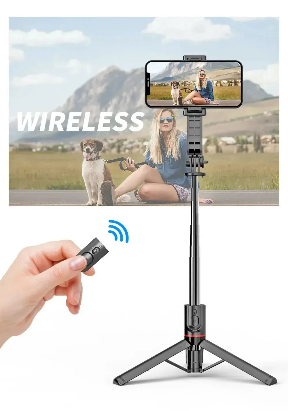 Wireless Selfie Stick for Smartphone, Foldable Tripod with Bluetooth Remote, Portable Stand, Vlog Shooting Record, 44"