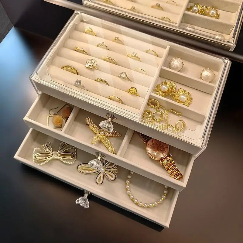 Velvet Stud Earrings Storage Box Three Layer Jewelry Organizer Dust Proof Drawer Design for Accessories Dressing Jewelry Box