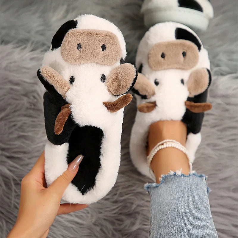 Ladies' Winter Slippers Cute Cartoon Heart Animal Cow Fur Warm Cotton Anti-Slip Home Comfortable Girls' Footwear