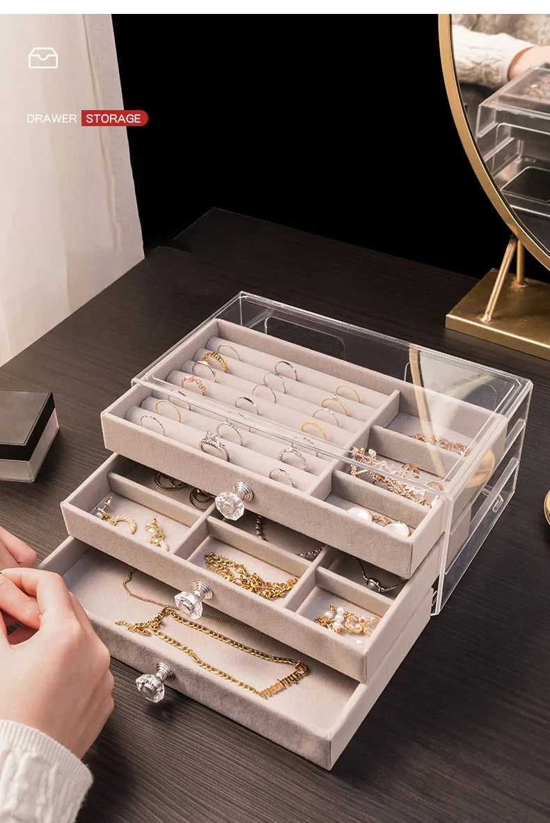 Velvet Stud Earrings Storage Box Three Layer Jewelry Organizer Dust Proof Drawer Design for Accessories Dressing Jewelry Box