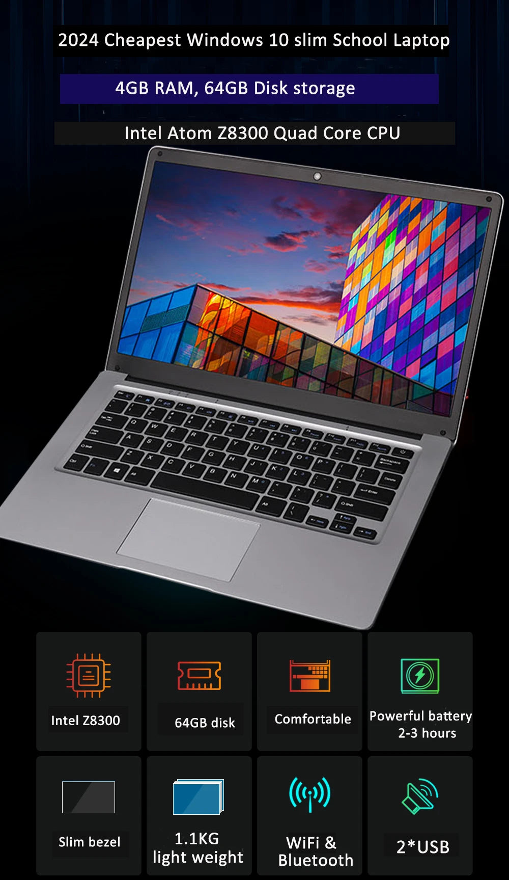 2024 Cheap 14 Inch Ultra Thin Students Laptop Quad Core Windows 10 Notebook Laptops  WiFi Bluetooth for Russian & Korea