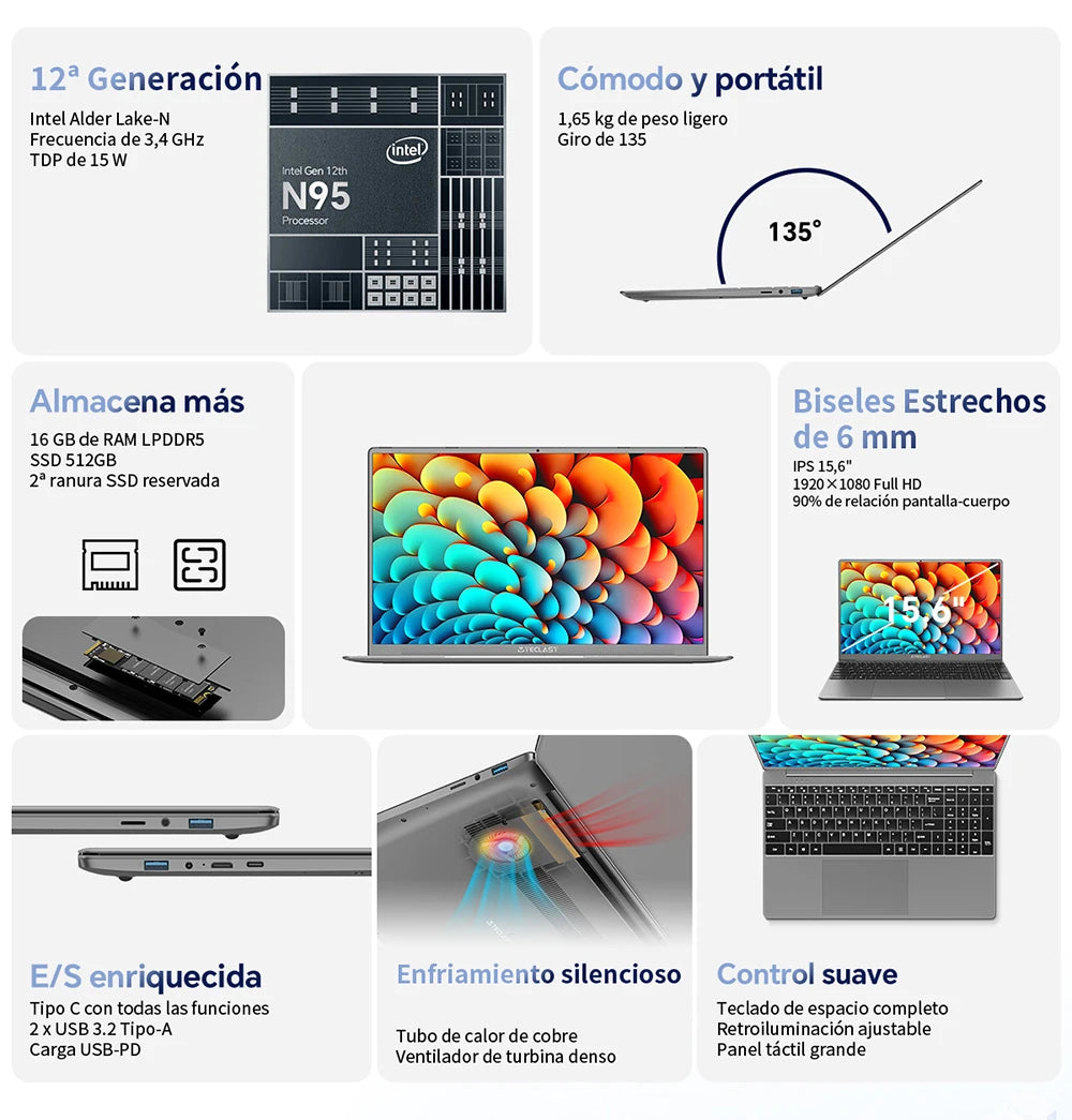 【New】Teclast F16Pro Laptop 15.6 Inch 1920X1080, 12Gb / 16Gb Ram, 256Gb / 512Gb Rom, Backlit Keyboard, for Intel N95, Mini-Hdmi